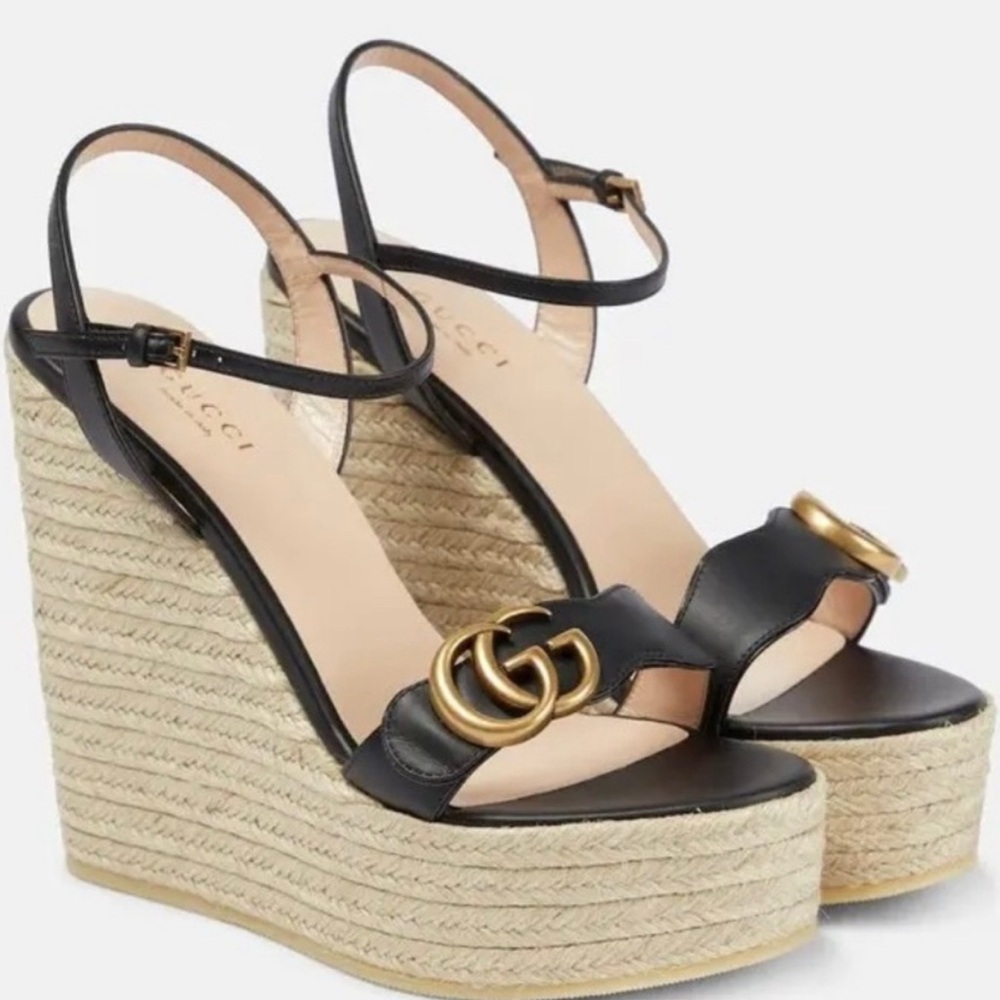 Gucci Black and Gold Wedge Sandals